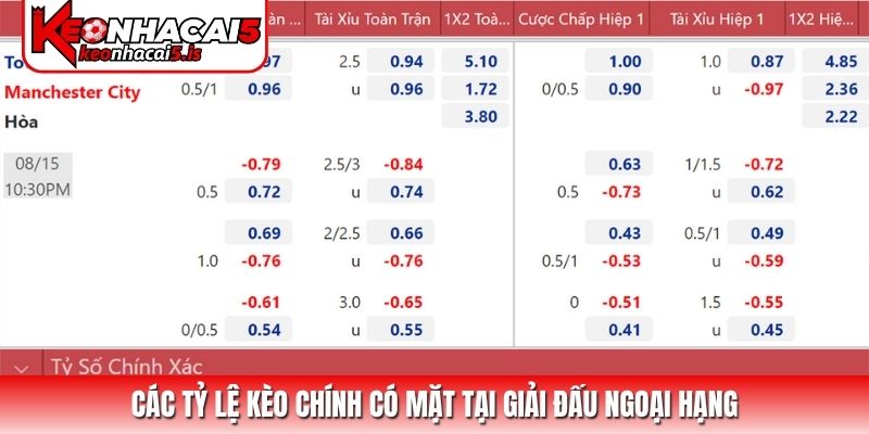 Các tỷ lệ kèo chính có mặt tại giải đấu ngoại hạng